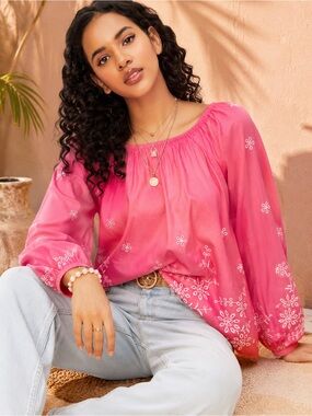 Max Women’s Pink Embroidered Peasant Blouse Puff Sleeve Boho Top